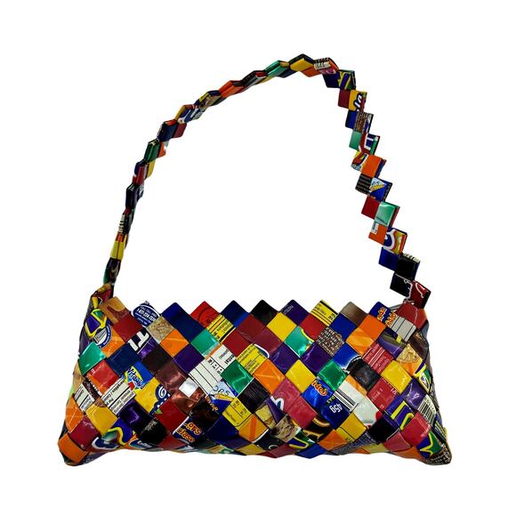 Candy Wrapper Recycled Purse Bright Color Zig Zag Strap Zip Close Baguette Y2K - Picture 2 of 5